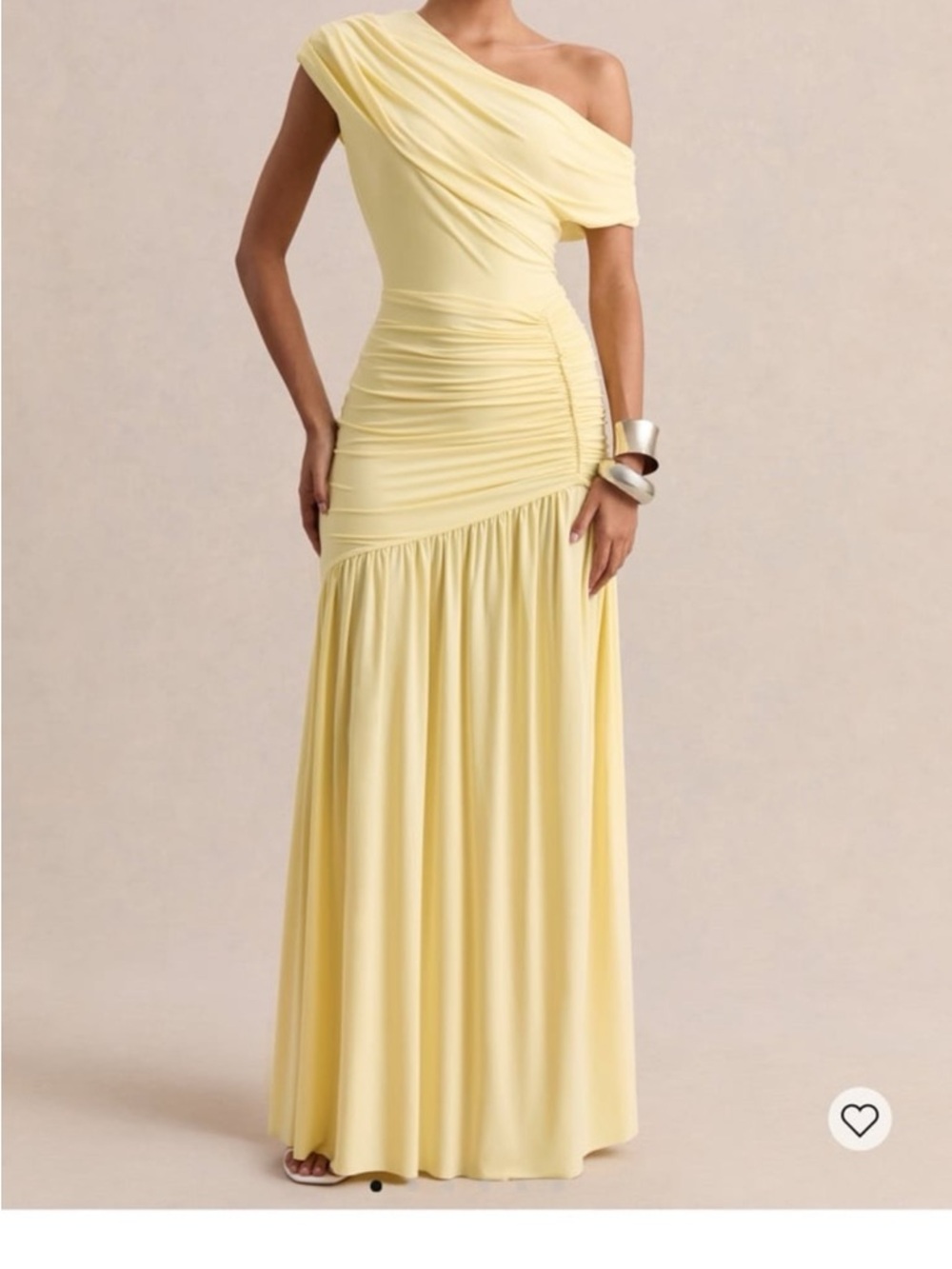 Club L London One-Shoulder Pale Yellow Ruched Maxi Dress